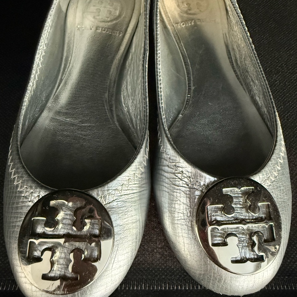 Tory Burch Metallic Silver Flats with Signature Medallion